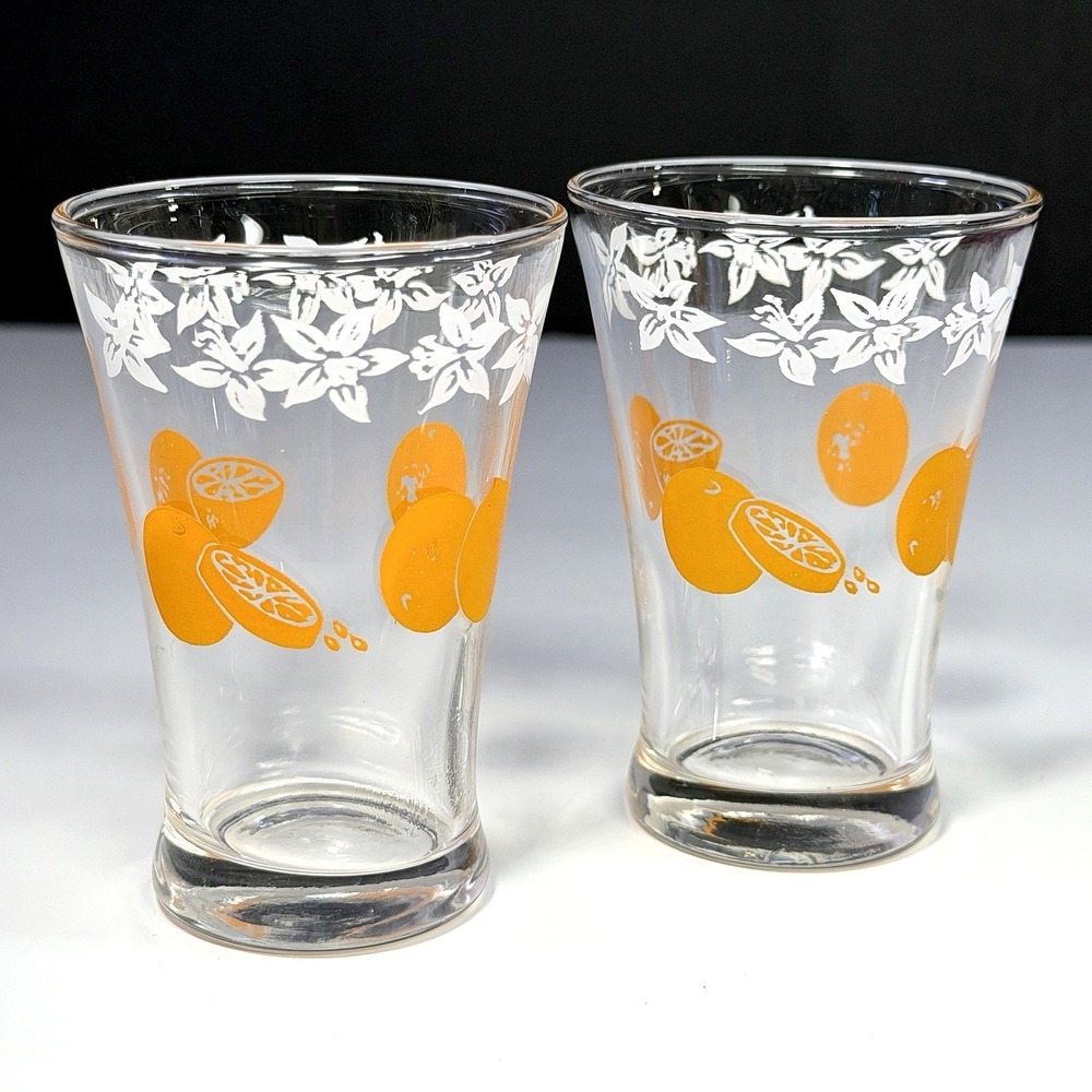 Vintage Federal Glass Oranges Juice Tumblers Glasses 1954 #2635 Citrus MCM Set 2